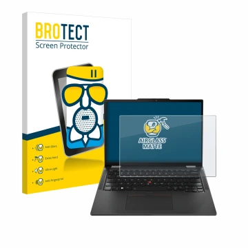 Parte frontale di una confezione del prodotto con il logo del marchio BROTECT. Accanto è raffigurato il dispositivo Lenovo Thi
