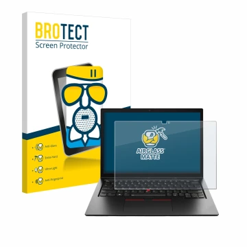 Parte frontale di una confezione del prodotto con il logo del marchio BROTECT. Accanto è raffigurato il dispositivo Lenovo Thi