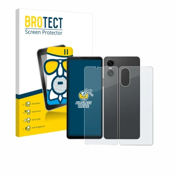 Parte frontale di una confezione del prodotto con il logo del marchio BROTECT. Accanto è raffigurato il dispositivo Sony Xperi