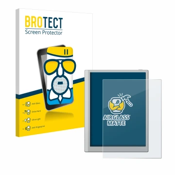 Parte frontale di una confezione del prodotto con il logo del marchio BROTECT. Accanto è raffigurato il dispositivo Boox Go 10