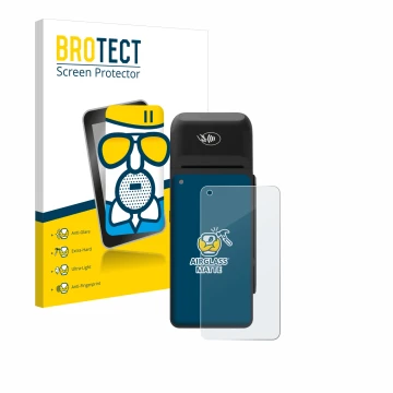 Parte frontale di una confezione del prodotto con il logo del marchio BROTECT. Accanto è raffigurato il dispositivo Verifone T