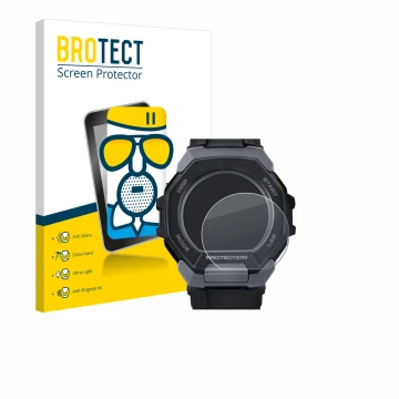 Parte frontale di una confezione del prodotto con il logo del marchio BROTECT. Accanto è raffigurato il dispositivo Casio G-Sh