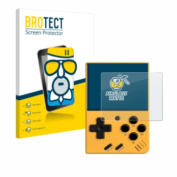 Parte frontale di una confezione del prodotto con il logo del marchio BROTECT. Accanto è raffigurato il dispositivo Miyoo Mini