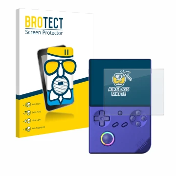 Parte frontale di una confezione del prodotto con il logo del marchio BROTECT. Accanto è raffigurato il dispositivo Anbernic R
