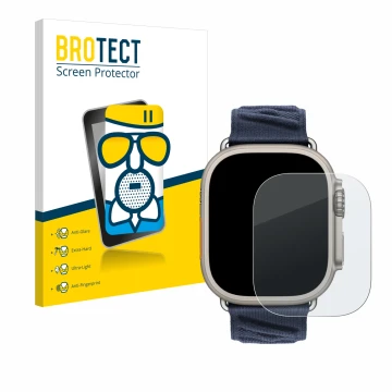 Parte frontale di una confezione del prodotto con il logo del marchio BROTECT. Accanto è raffigurato il dispositivo Apple Watc