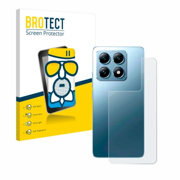 Parte frontale di una confezione del prodotto con il logo del marchio BROTECT. Accanto è raffigurato il dispositivo Xiaomi 14T