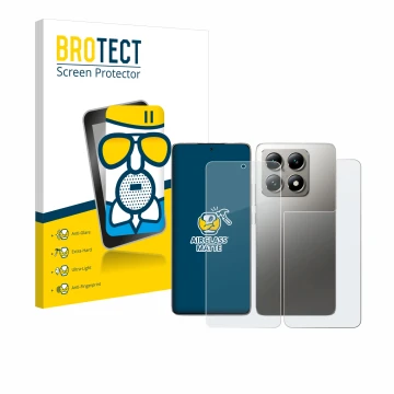 Parte frontale di una confezione del prodotto con il logo del marchio BROTECT. Accanto è raffigurato il dispositivo Xiaomi 14T