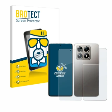 Parte frontale di una confezione del prodotto con il logo del marchio BROTECT. Accanto è raffigurato il dispositivo Xiaomi 14T