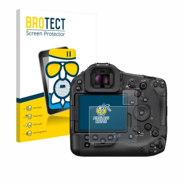 Parte frontale di una confezione del prodotto con il logo del marchio BROTECT. Accanto è raffigurato il dispositivo Canon EOS 