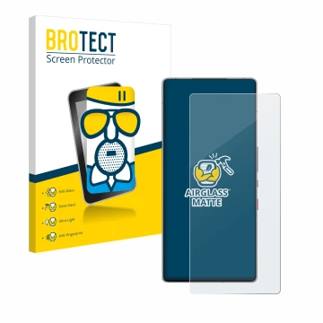 Parte frontale di una confezione del prodotto con il logo del marchio BROTECT. Accanto è raffigurato il dispositivo ZTE Nubia 