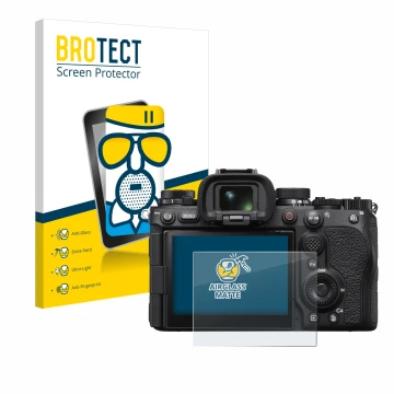 Parte frontale di una confezione del prodotto con il logo del marchio BROTECT. Accanto è raffigurato il dispositivo Sony Alpha