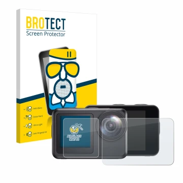 Parte frontale di una confezione del prodotto con il logo del marchio BROTECT. Accanto è raffigurato il dispositivo Akaso Brav