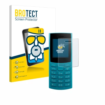 Parte frontale di una confezione del prodotto con il logo del marchio BROTECT. Accanto è raffigurato il dispositivo Nokia 105 