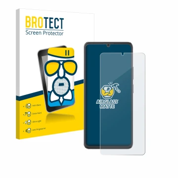 Parte frontale di una confezione del prodotto con il logo del marchio BROTECT. Accanto è raffigurato il dispositivo Cubot A20 