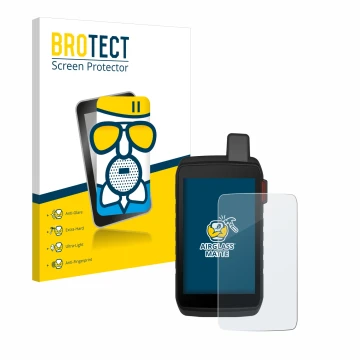 Parte frontale di una confezione del prodotto con il logo del marchio BROTECT. Accanto è raffigurato il dispositivo Garmin Mon
