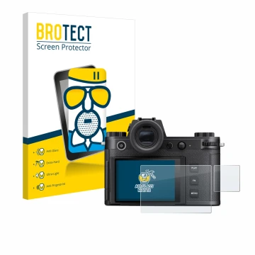 Parte frontale di una confezione del prodotto con il logo del marchio BROTECT. Accanto è raffigurato il dispositivo Leica SL3-