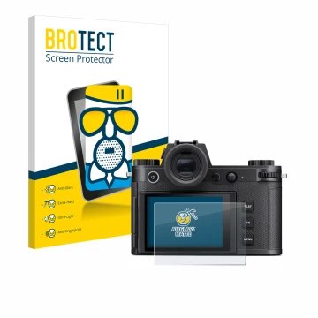 Parte frontale di una confezione del prodotto con il logo del marchio BROTECT. Accanto è raffigurato il dispositivo Leica SL3-