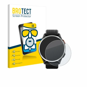 Parte frontale di una confezione del prodotto con il logo del marchio BROTECT. Accanto è raffigurato il dispositivo Garmin App