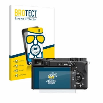 Parte frontale di una confezione del prodotto con il logo del marchio BROTECT. Accanto è raffigurato il dispositivo Sony Alpha