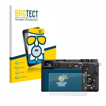 Parte frontale di una confezione del prodotto con il logo del marchio BROTECT. Accanto è raffigurato il dispositivo Sony Alpha