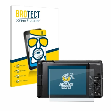 Parte frontale di una confezione del prodotto con il logo del marchio BROTECT. Accanto è raffigurato il dispositivo Sony ZV-1A