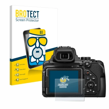 Parte frontale di una confezione del prodotto con il logo del marchio BROTECT. Accanto è raffigurato il dispositivo Nikon Cool