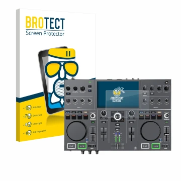 Parte frontale di una confezione del prodotto con il logo del marchio BROTECT. Accanto è raffigurato il dispositivo Denon DJ P