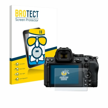 Parte frontale di una confezione del prodotto con il logo del marchio BROTECT. Accanto è raffigurato il dispositivo Nikon Z5 I