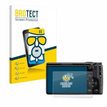 Parte frontale di una confezione del prodotto con il logo del marchio BROTECT. Accanto è raffigurato il dispositivo Ricoh GR I