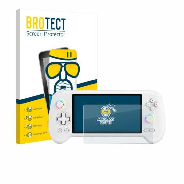 Parte frontale di una confezione del prodotto con il logo del marchio BROTECT. Accanto è raffigurato il dispositivo Anbernic R