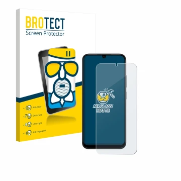 Parte frontale di una confezione del prodotto con il logo del marchio BROTECT. Accanto è raffigurato il dispositivo Xiaomi Red