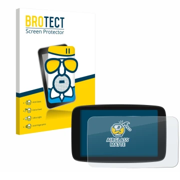 Parte frontale di una confezione del prodotto con il logo del marchio BROTECT. Accanto è raffigurato il dispositivo TomTom Go 