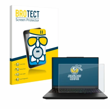 Parte frontale di una confezione del prodotto con il logo del marchio BROTECT. Accanto è raffigurato il dispositivo XMG Pro 16