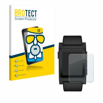 Parte frontale di una confezione del prodotto con il logo del marchio BROTECT. Accanto è raffigurato il dispositivo Pebble 2 D