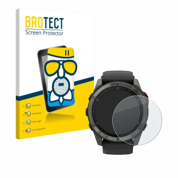 Parte frontale di una confezione del prodotto con il logo del marchio BROTECT. Accanto è raffigurato il dispositivo Garmin Fen