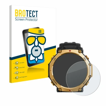 Parte frontale di una confezione del prodotto con il logo del marchio BROTECT. Accanto è raffigurato il dispositivo Huami Amaz