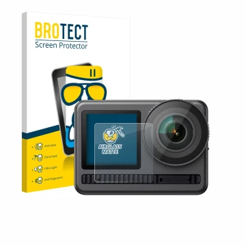 Parte frontale di una confezione del prodotto con il logo del marchio BROTECT. Accanto è raffigurato il dispositivo Akaso Brav