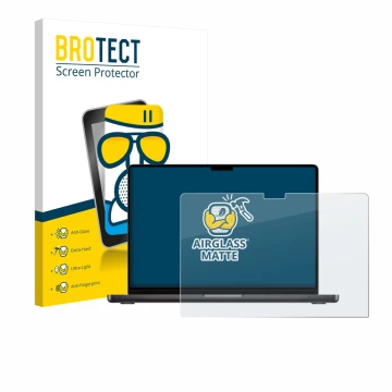 Parte frontale di una confezione del prodotto con il logo del marchio BROTECT. Accanto è raffigurato il dispositivo Apple MacB