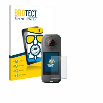 Parte frontale di una confezione del prodotto con il logo del marchio BROTECT. Accanto è raffigurato il dispositivo Insta360 X