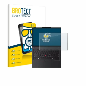 Parte frontale di una confezione del prodotto con il logo del marchio BROTECT. Accanto è raffigurato il dispositivo Lenovo Thi