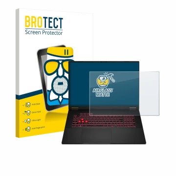 Parte frontale di una confezione del prodotto con il logo del marchio BROTECT. Accanto è raffigurato il dispositivo ASUS TUF G