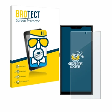 Parte frontale di una confezione del prodotto con il logo del marchio BROTECT. Accanto è raffigurato il dispositivo Jolla Phon