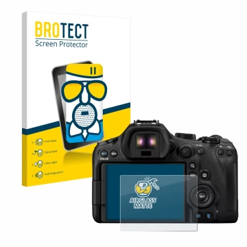 Parte frontale di una confezione del prodotto con il logo del marchio BROTECT. Accanto è raffigurato il dispositivo Canon EOS 