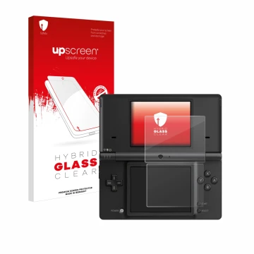 Parte frontale di una confezione del prodotto con il logo del marchio upscreen. Accanto è raffigurato il dispositivo Nintendo 