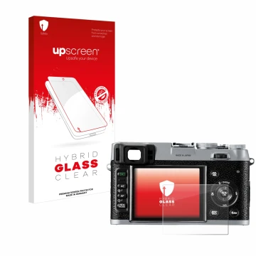 Parte frontale di una confezione del prodotto con il logo del marchio upscreen. Accanto è raffigurato il dispositivo Fujifilm 