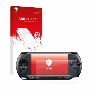 Parte frontale di una confezione del prodotto con il logo del marchio upscreen. Accanto è raffigurato il dispositivo Sony PSP 