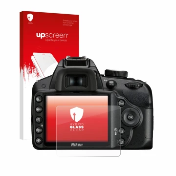 Parte frontale di una confezione del prodotto con il logo del marchio upscreen. Accanto è raffigurato il dispositivo Nikon D32