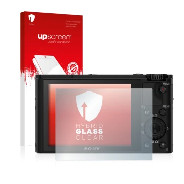 Parte frontale di una confezione del prodotto con il logo del marchio upscreen. Accanto è raffigurato il dispositivo Sony Cybe