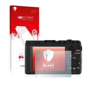 Parte frontale di una confezione del prodotto con il logo del marchio upscreen. Accanto è raffigurato il dispositivo Sony Cybe
