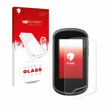 Parte frontale di una confezione del prodotto con il logo del marchio upscreen. Accanto è raffigurato il dispositivo Garmin Or